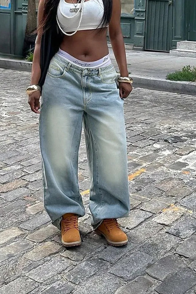 High-Rise Relaxed-Fit Jeans with Washed Finish
