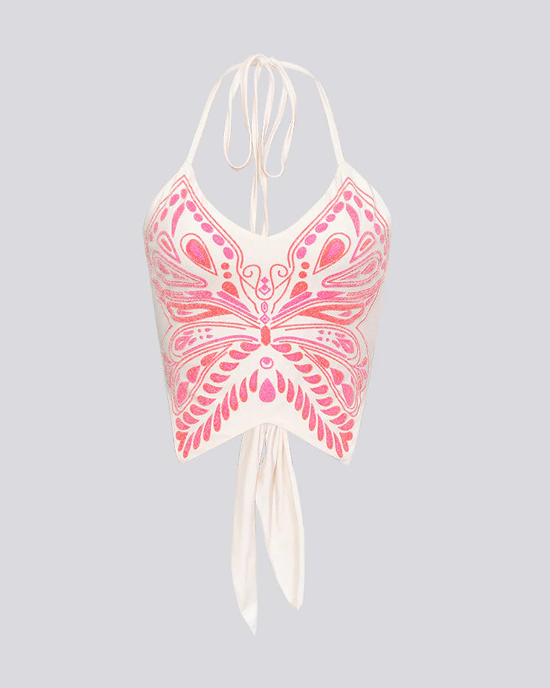 Butterfly-Detail Stretch-Blend Cropped Top with Polyester Fabric