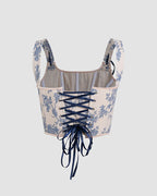 Blue Cotton Corset Top with Floral Details