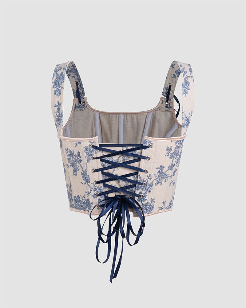 Blue Cotton Corset Top with Floral Details