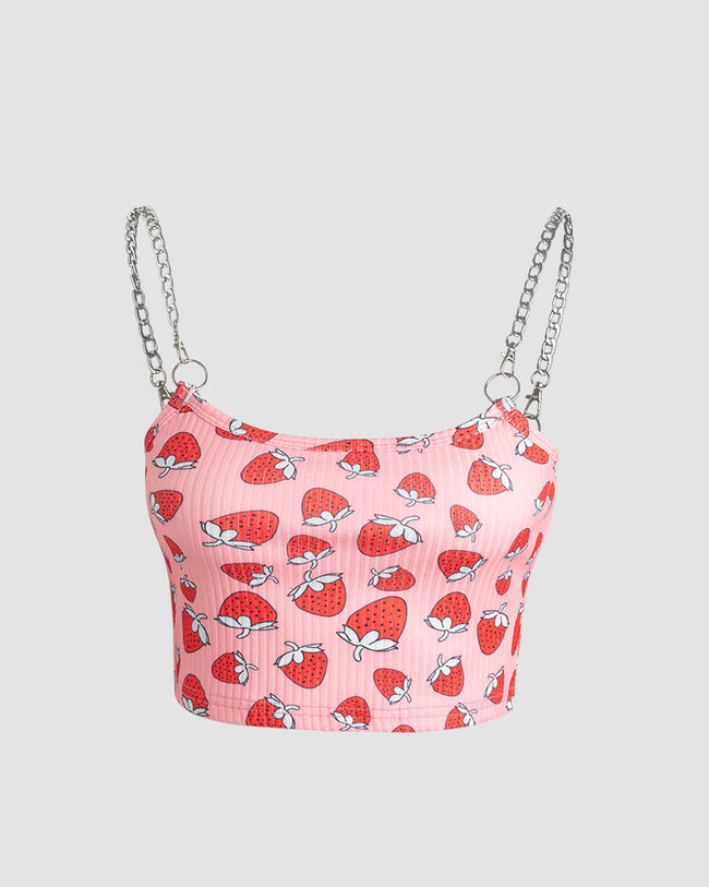 Strawberry-Print Polyester Top with Chain Details Main image