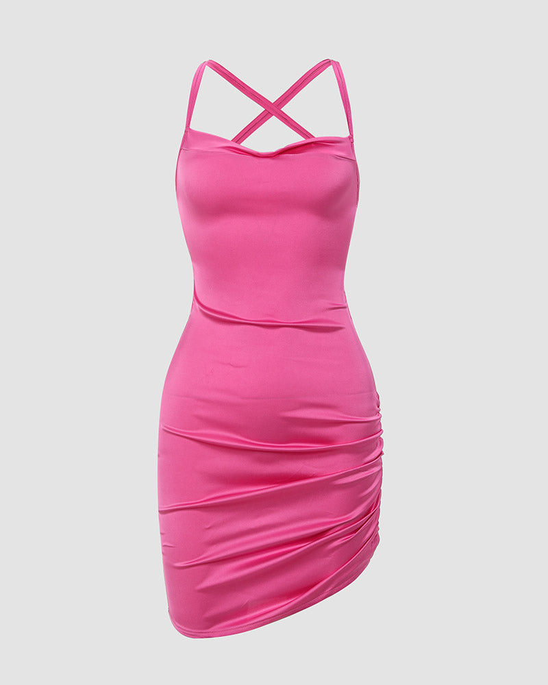 Polyester Stretch-Blend Side-Slit Mini Dress