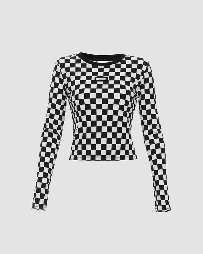 Checkerboard Polyester Cropped Top with Flag Graphics Main image