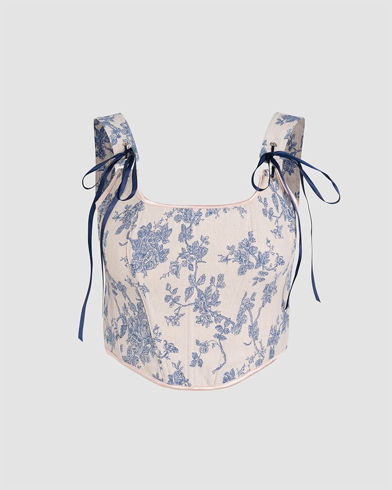 Blue Cotton Corset Top with Floral Details