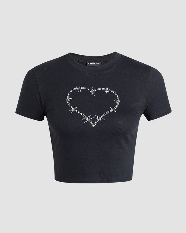 Heart-Detail Stretch-Blend Top with Cotton Fabric Main image