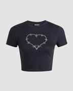 Heart-Detail Stretch-Blend Top with Cotton Fabric