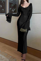 U-Neck Solid-Color Midi Dress with Flared Sleeves
