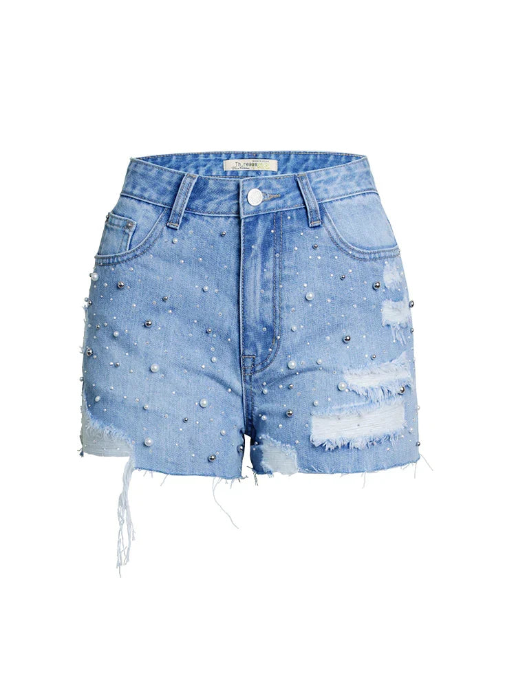 Denim High-Rise Shorts with Pearl Details