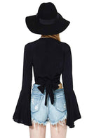 Flared-Sleeve Polyester Top with V-Neckline