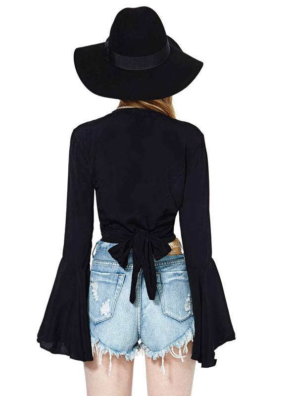 Flared-Sleeve Polyester Top with V-Neckline