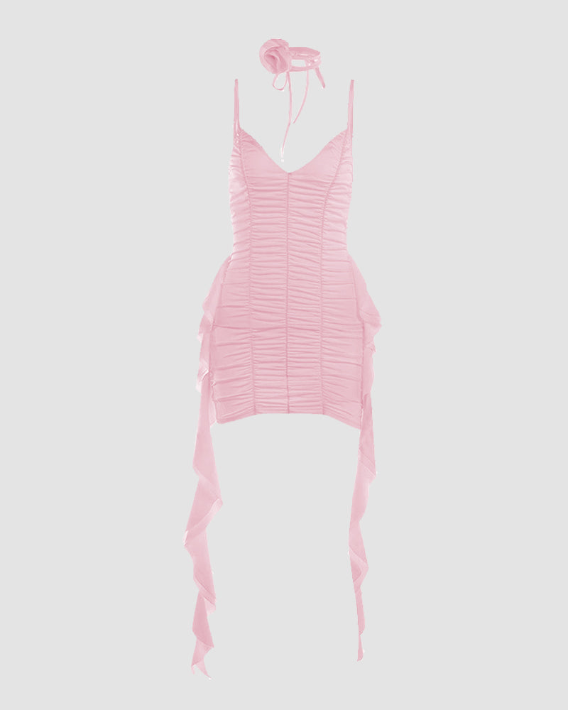 Rose-Detail Polyester Dress with Cami Straps