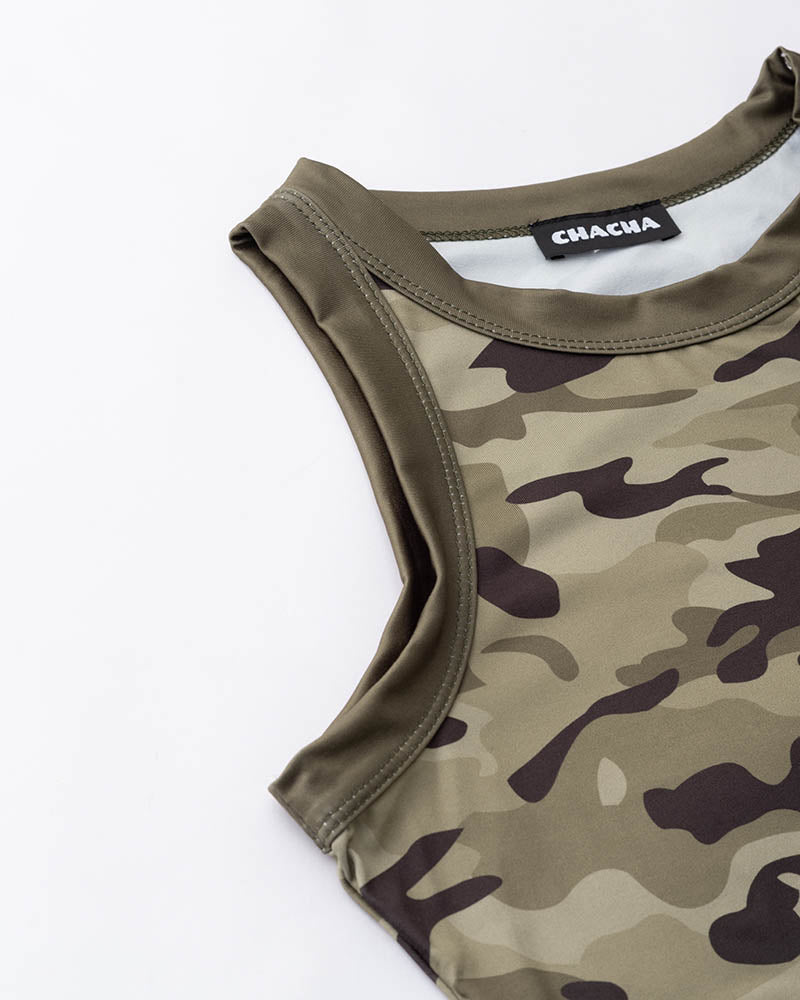Camo-Print Polyester Tank Top with Sleeveless Cut