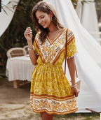V-Neck Printed Dress with Gathered Details