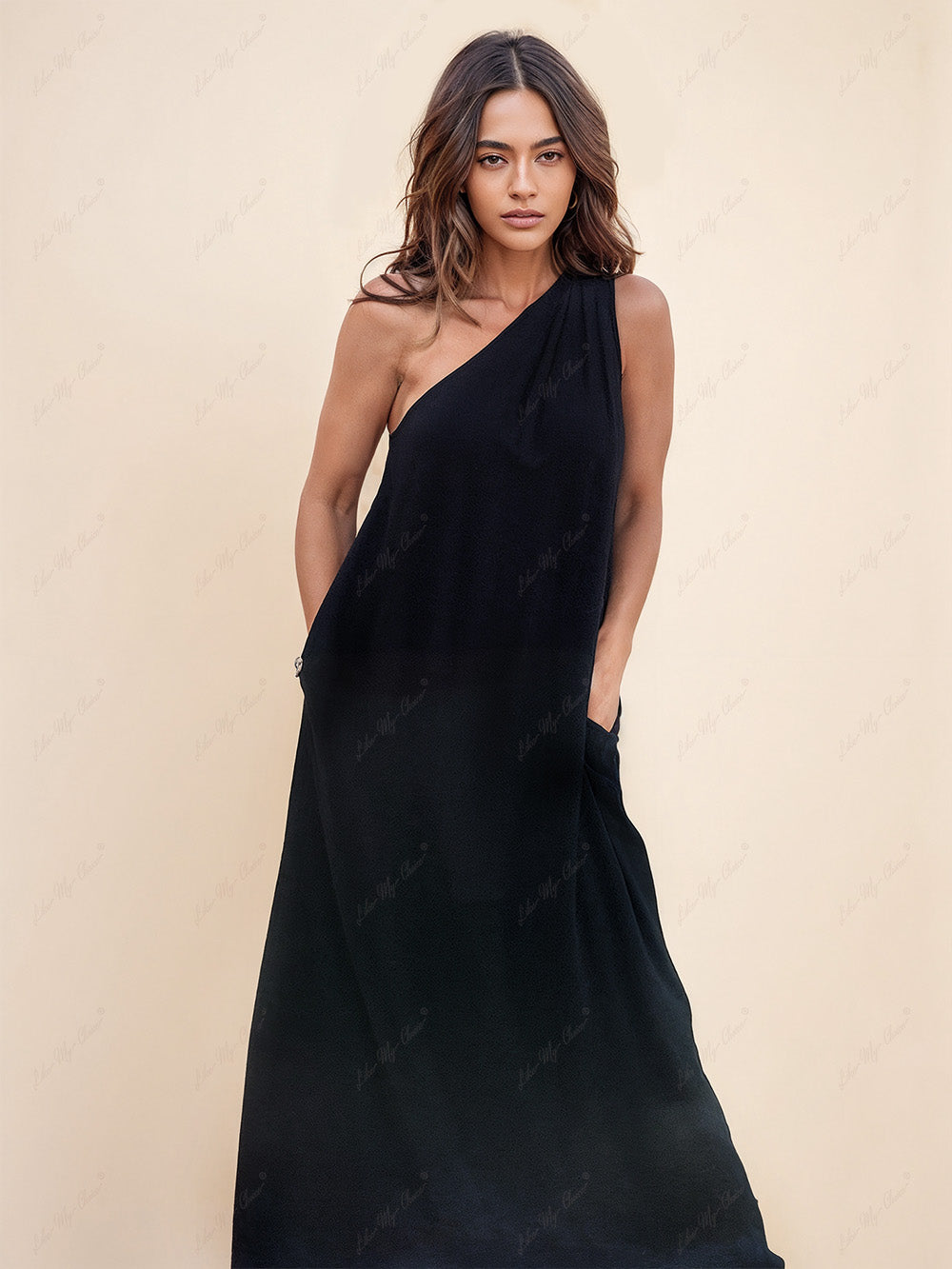One-Shoulder Relaxed-Fit Dress with Pleats