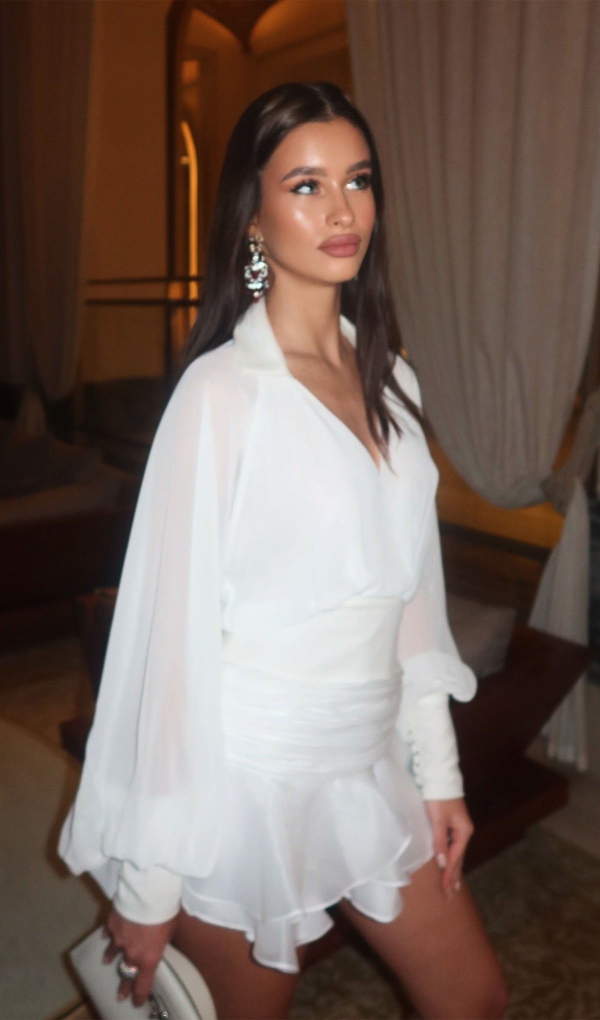 Short Silk Dress with Lantern Sleeves