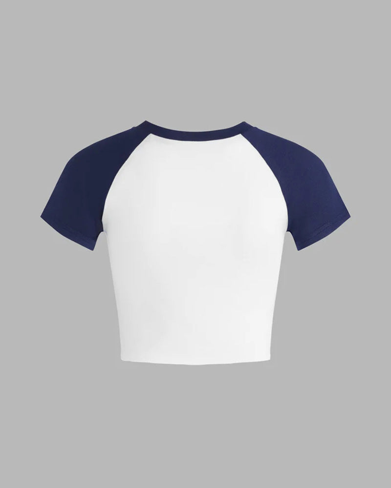 Colorblock Cotton Lapel Cropped Top