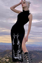 Slit-Detail Polyester Dress with Gothic Styling