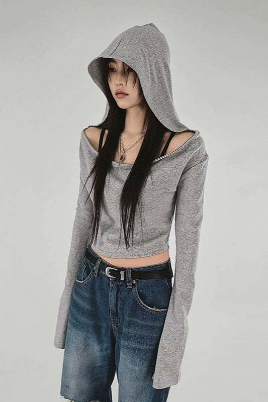 Grey Polyester Off-Shoulder Hoodie