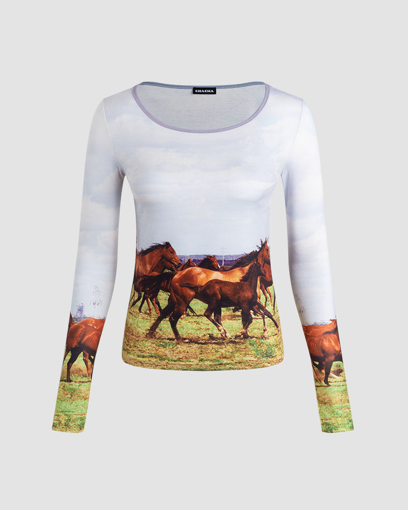 Printed Polyester Top with Long Sleeves
