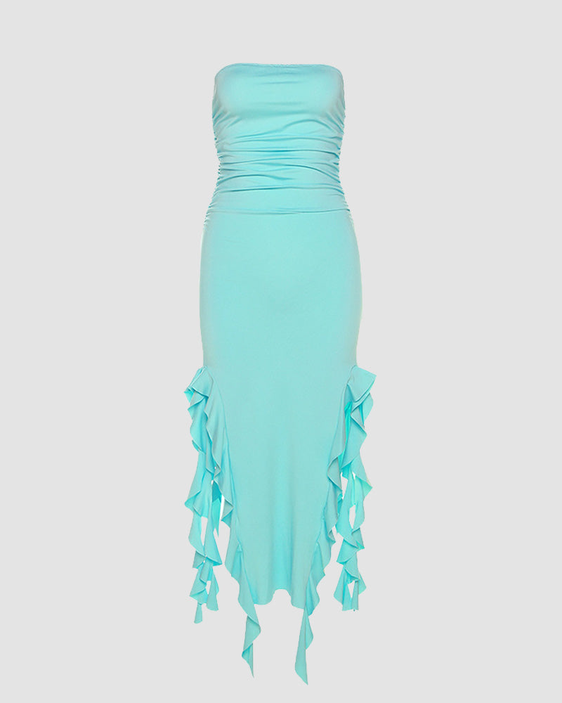 Wing-Graphic Strapless Slit-Detail Dress