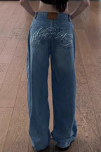 Vintage-Inspired Lettered Rhinestone-Detail Wide-Leg Jeans