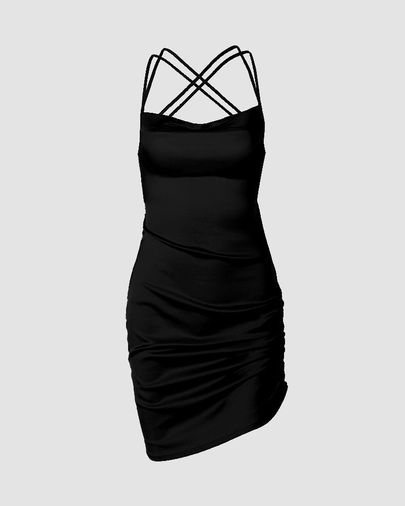 Polyester Stretch-Blend Side-Slit Mini Dress