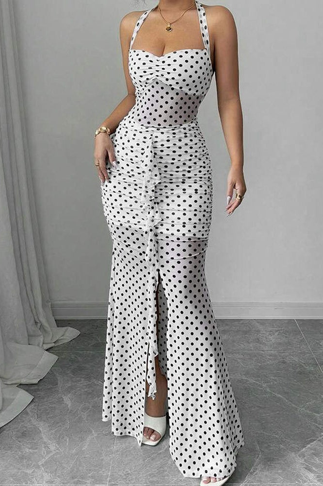 Polka-Dot Mesh Open-Back Maxi Dress