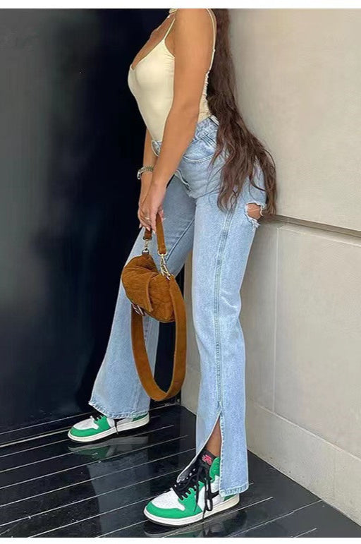 Slit-Detail Jeans with Distressed Details