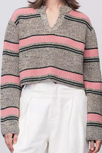 Striped Knit Sweater with V-Neckline