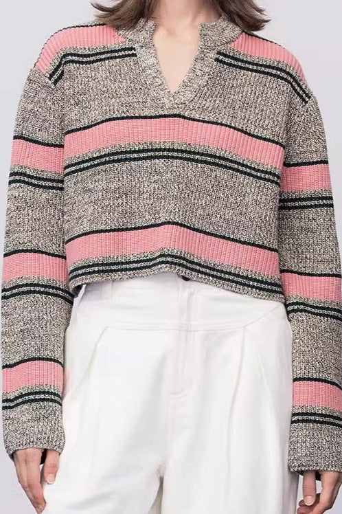 Striped Knit Sweater with V-Neckline