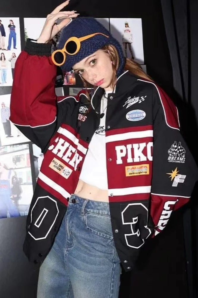 Vintage-Inspired Polyester Jacket with Foldover Collar