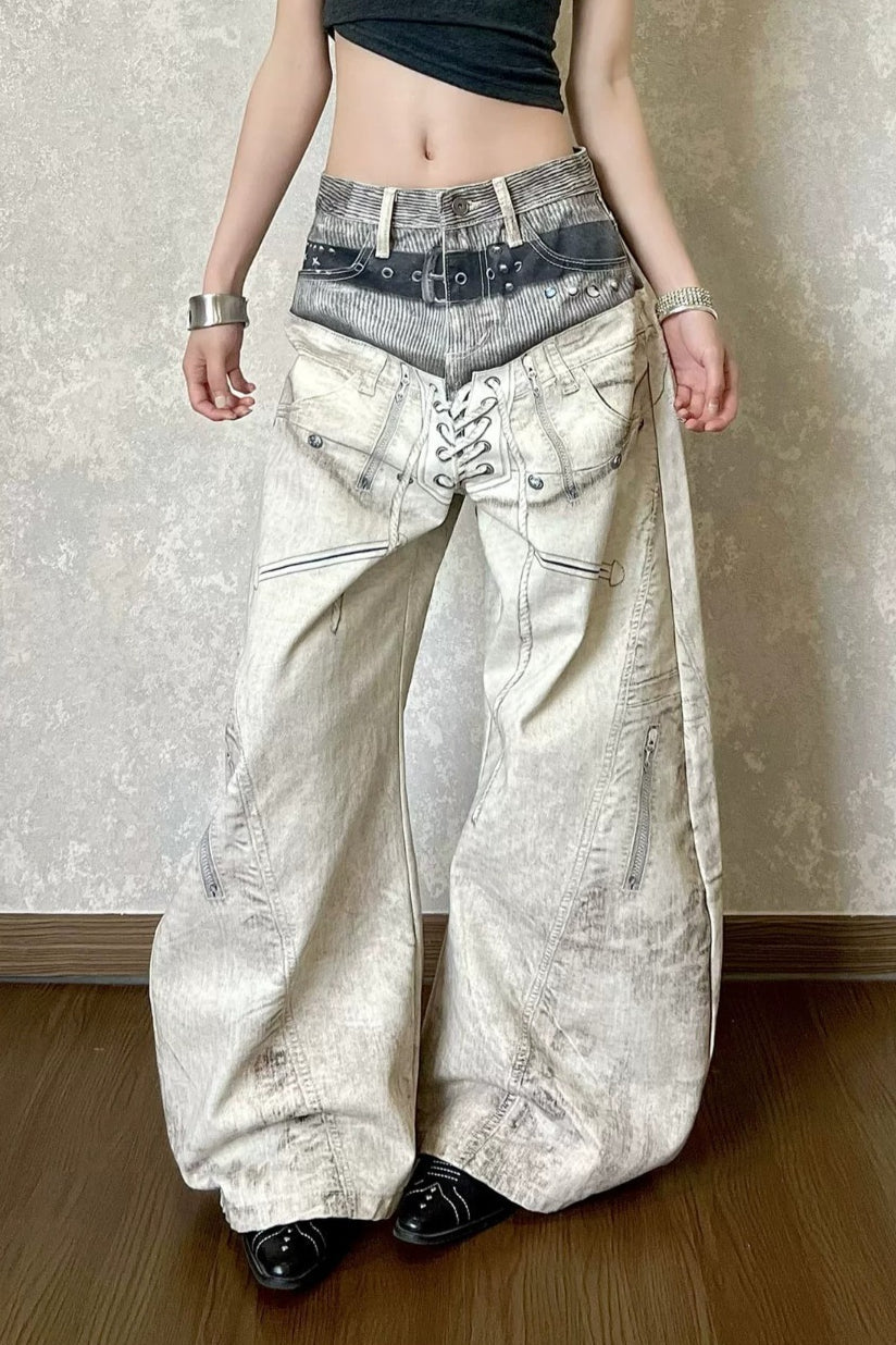 Digital-Print Straight-Leg Jeans with Low Waist