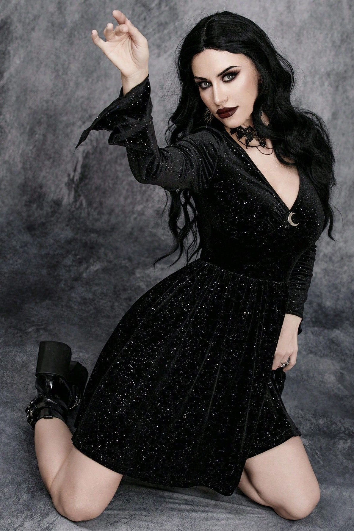 Velvet Gothic Dress with V-Neckline