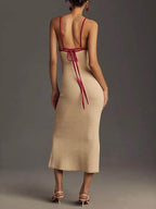 Knit V-Neck Midi Dress with Halter Neckline