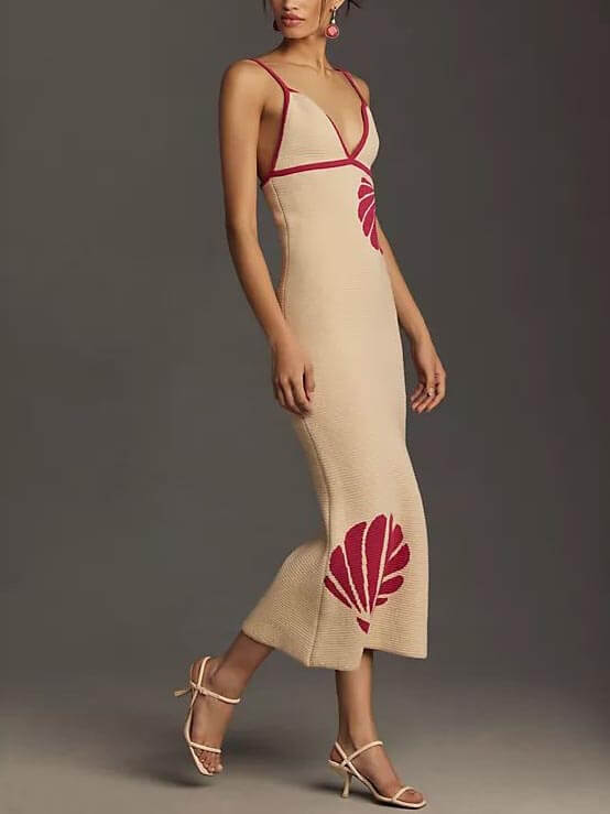 Knit V-Neck Midi Dress with Halter Neckline