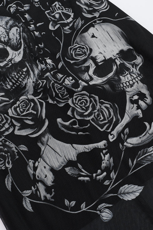 Skull-Graphic Gothic Dress with Rose Details