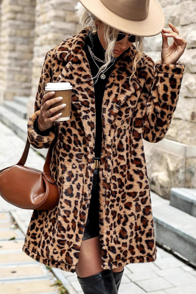 Leopard-Print Plush Coat with Notched Lapels Main image