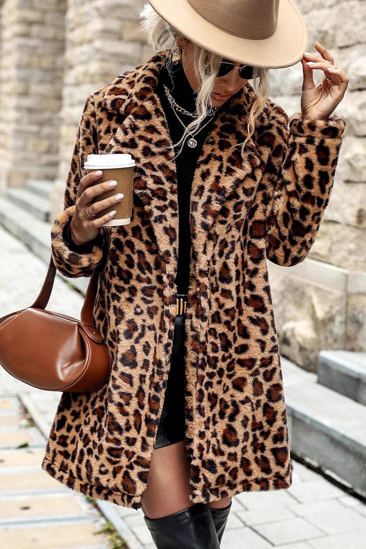 Leopard-Print Plush Coat with Notched Lapels