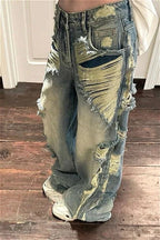 High-Rise Light-Blue Wide-Leg Jeans with Distressed Details