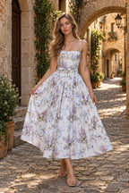 Rayon Printed Strap Pleated Chic Maxi Dress