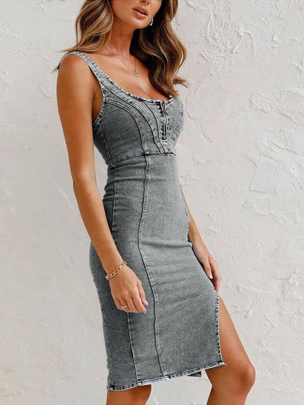 Denim Midi Dress with Strap Details