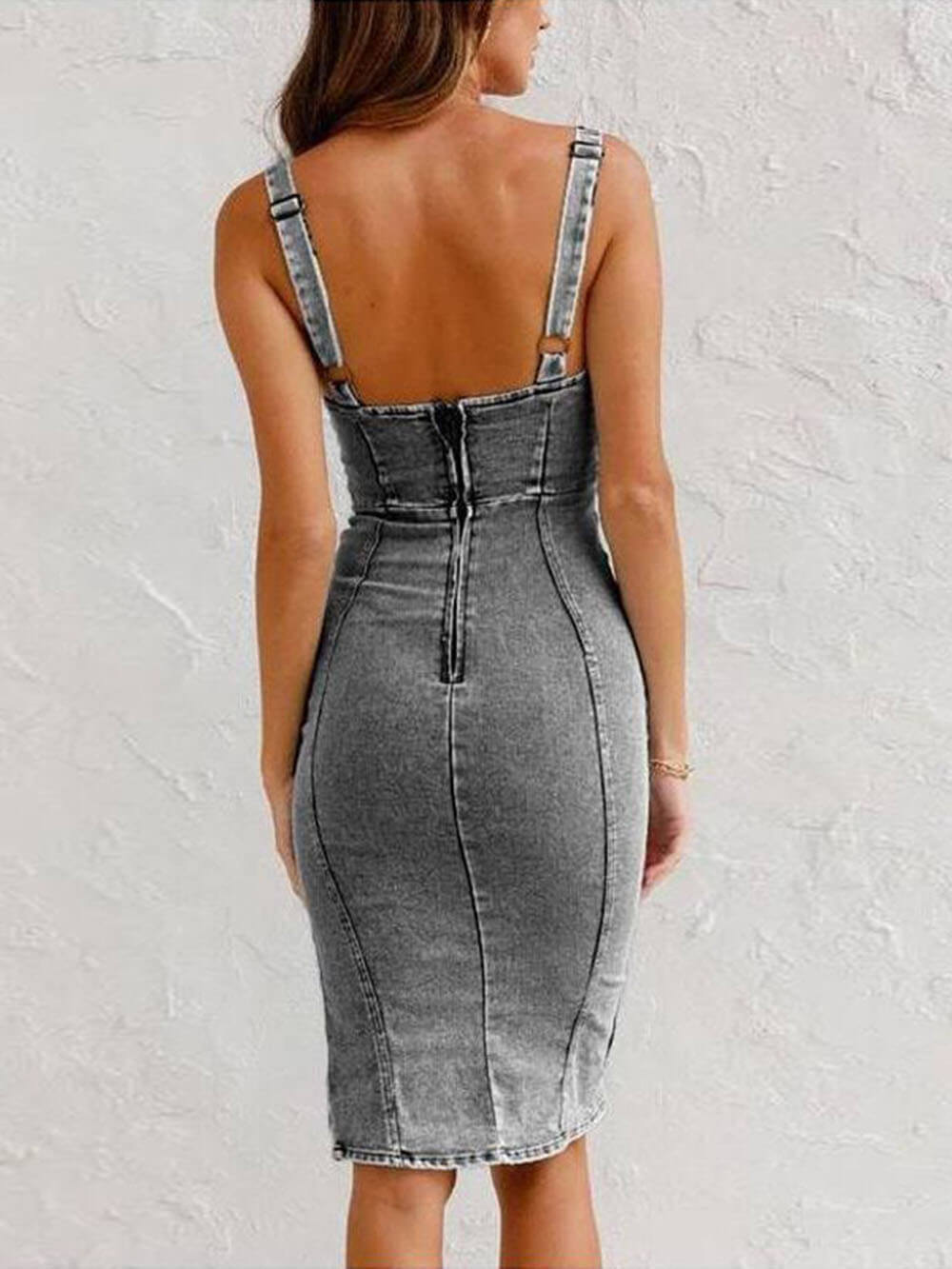 Denim Midi Dress with Strap Details