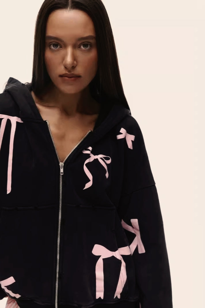 Bow-Detail Cotton Hoodie with Print Details
