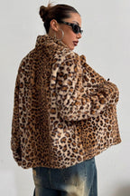 Leopard-Print Polyester Coat with Lapel Collar