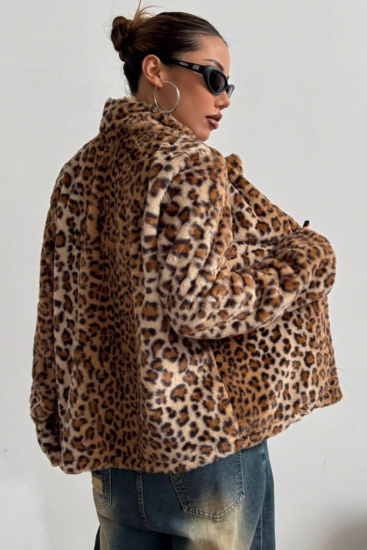 Leopard-Print Polyester Coat with Lapel Collar