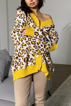 Leopard-Print Knit Cardigan with Long Sleeves