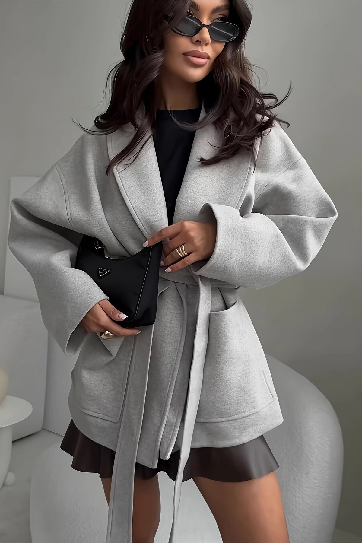 Wool Solid-Color Coat with Waist Tie