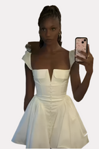 White V-Neck Pleated Dress