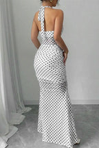 Polka-Dot Mesh Open-Back Maxi Dress