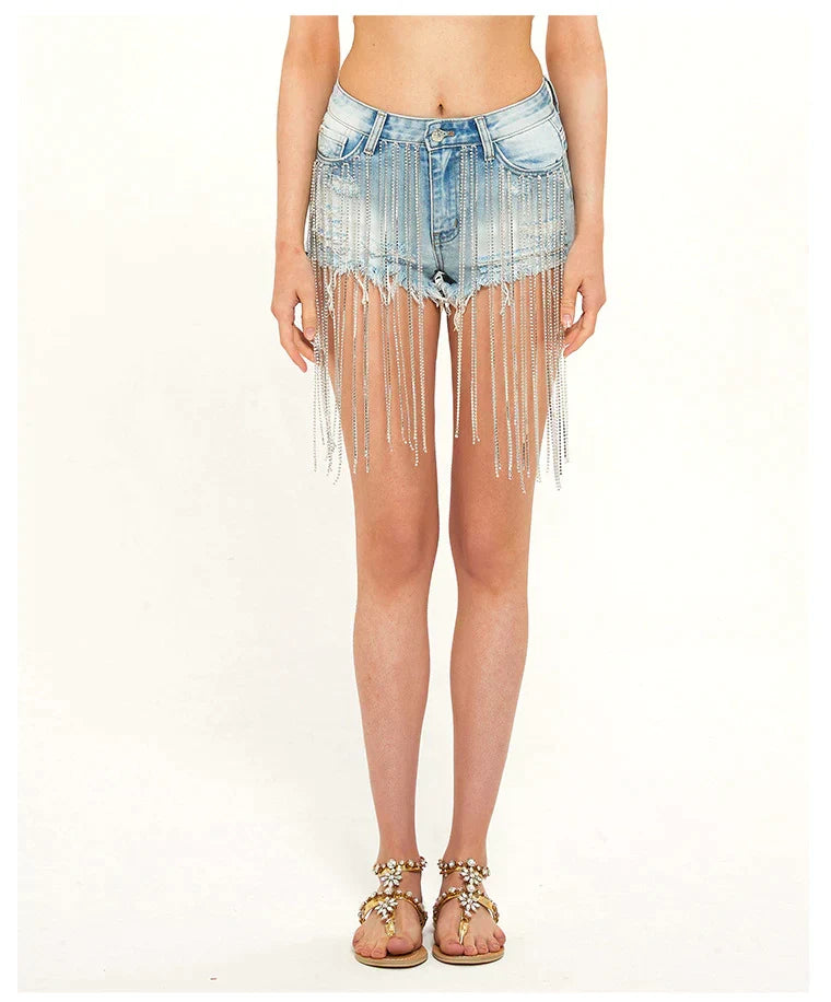 Denim High-Rise Shorts with Fringe Details